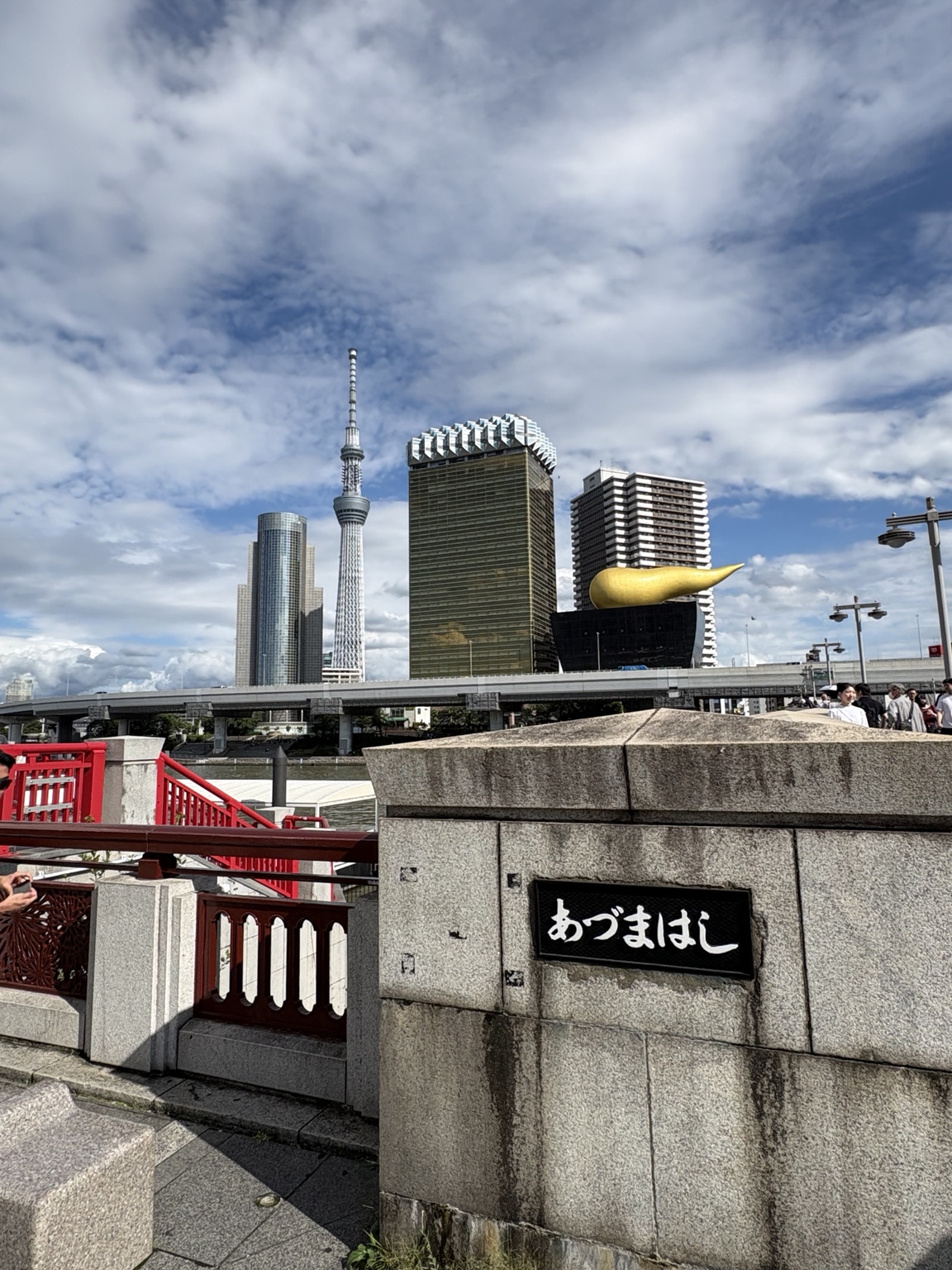 View from Azuma Bridge toward Tokyo Skytree and the Asahi Beer Hall in Asakusa