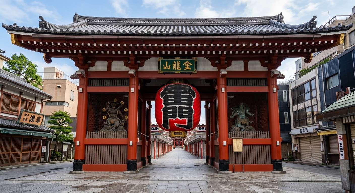 Kaminarimon gate at Senso-ji in Asakusa, seen across a quiet forecourt